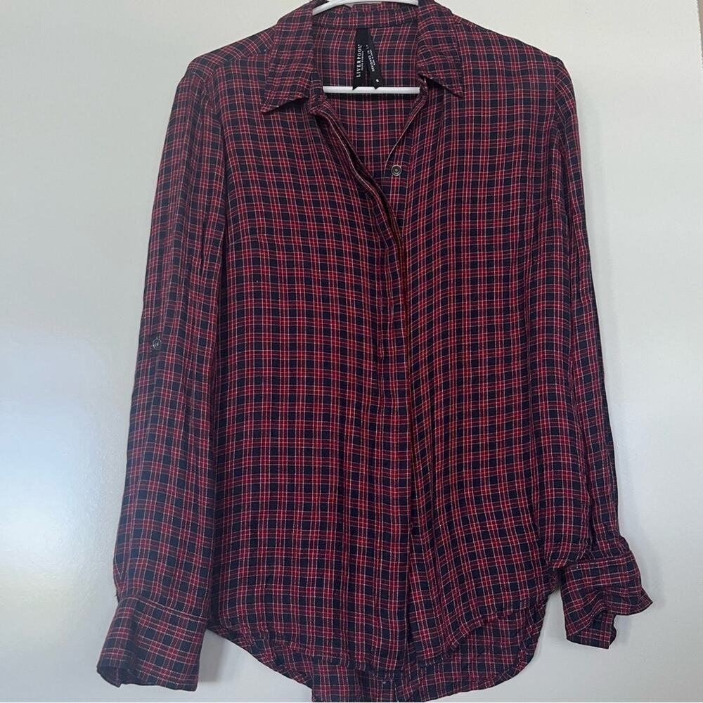 Liverpool Jeans Classic Fit Plaid Button Front Top Small Adjustable Sleeve Tunic